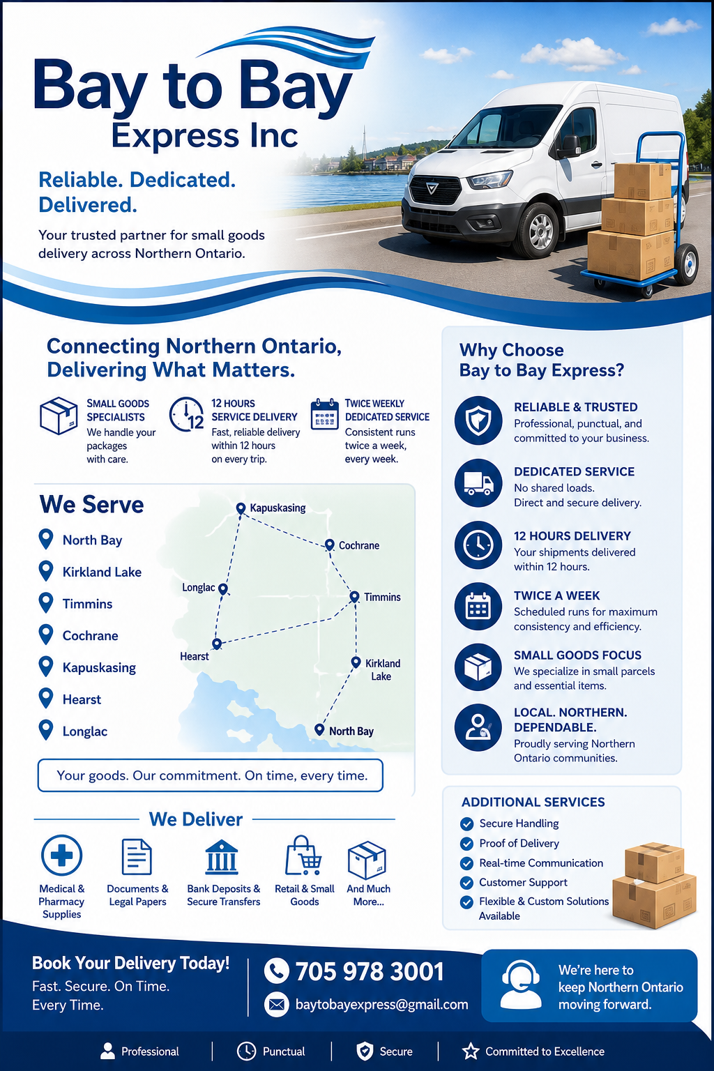 Bay to Bay Express delivery van with packages beside a Northern Ontario lake